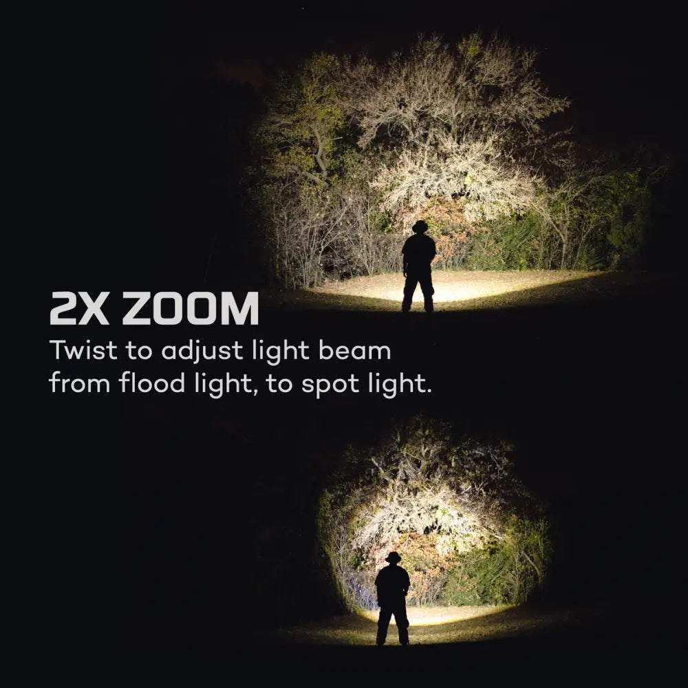 A 12K powerful flashlight with 2x zoom, black aluminum body, adjustable beam from floodlight to spotlight for outdoor use