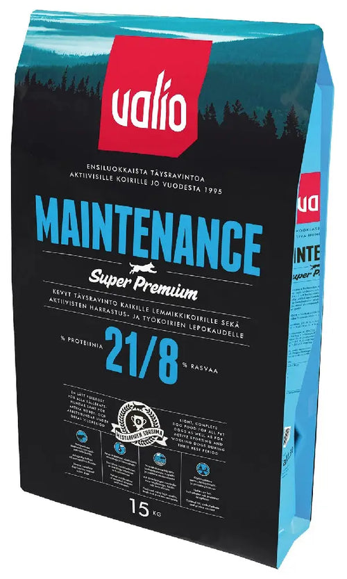 Musta ja sininen 15kg valio maintenance super premium koiranruokapussi punaisella logolla valkoinen teksti