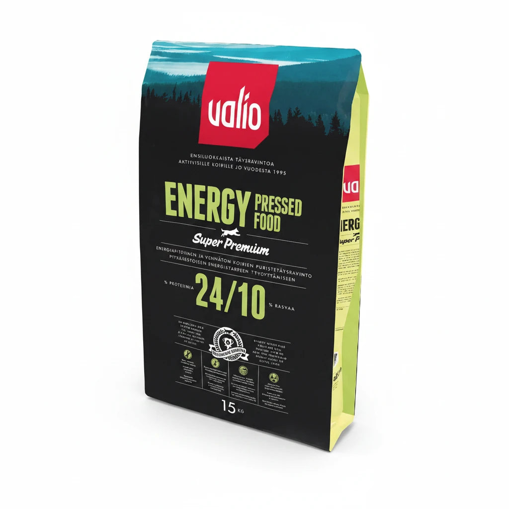 Mustavihreä 15 kg valio puriste super premium energia puristekoiranruoka punaisella valio-logolla