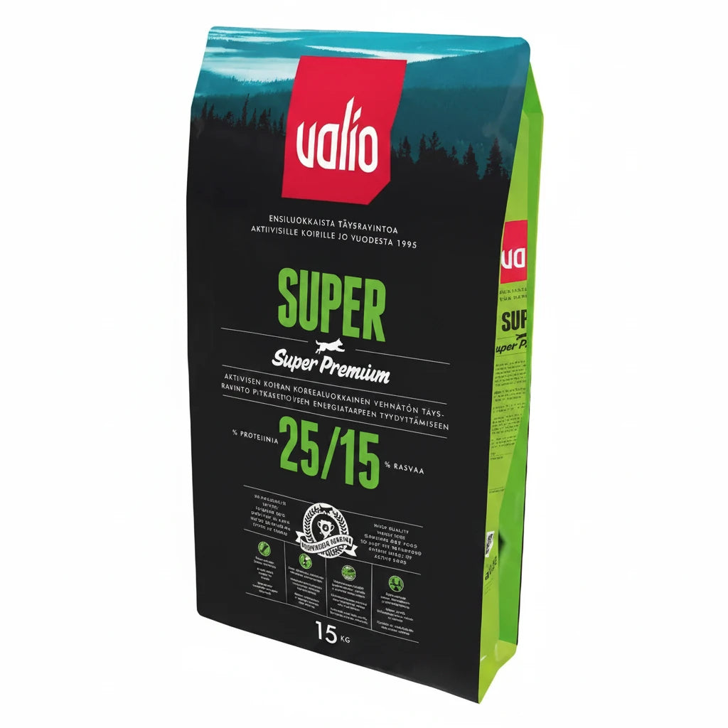 Black and green 15kg valio super premium koiranruokapussi super 25 15 etupuoli