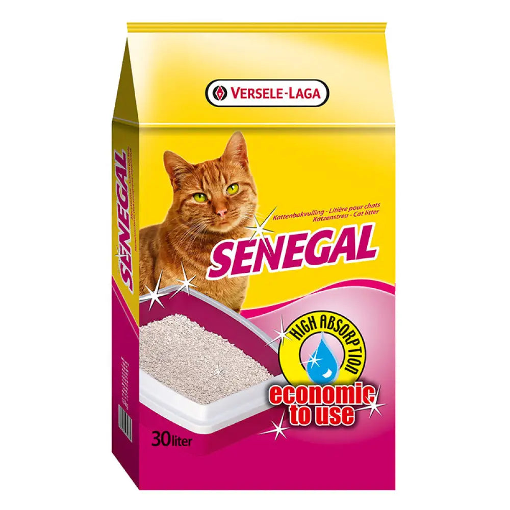 Pakkaus versele-laga kissanhiekka senegal 18 kg keltaisella ja vaaleanpunaisella värillä oranssin tabby-kissan kuvalla