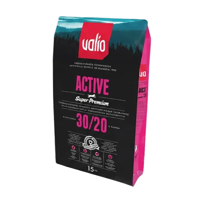 A vibrant pink and black 20 kg valio active super premium dog food bag with forest design and 30 20 protein to fat ratio