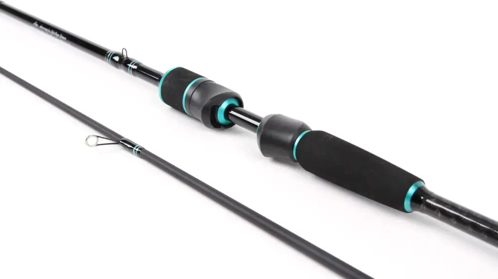 Black fishing rod aapo-ahvenvapa by kalastajan kanava 6.8 fast with teal accent rings and carbon fiber shaft