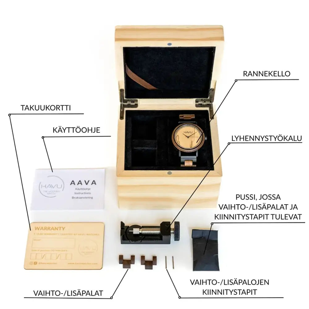 Wooden watch aava 38mm with light brown circular face and dark wood bezel and band accents