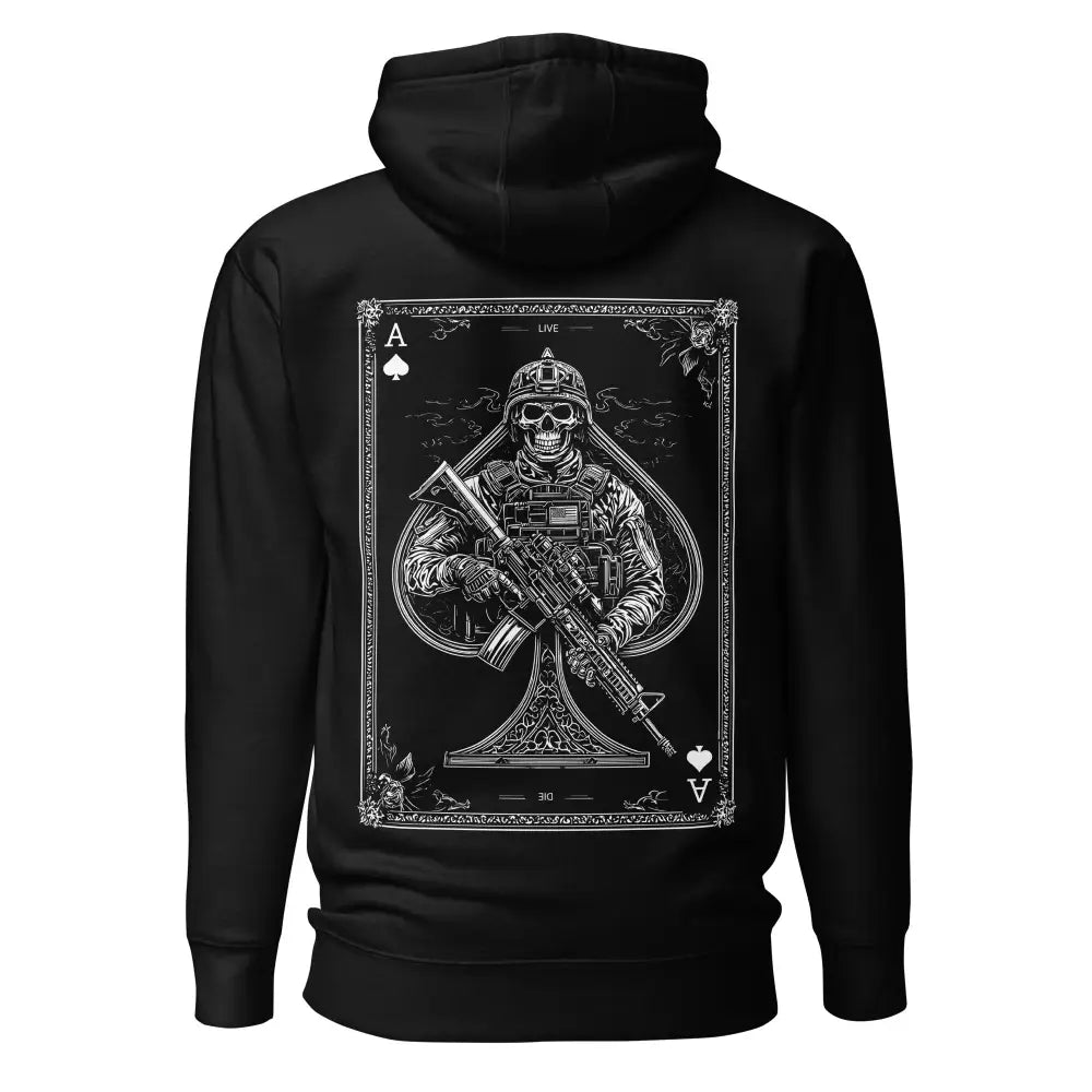 Musta ace of spades huppari yksityiskohtaisella valkoisella luurankosotilaan kuvalla takana