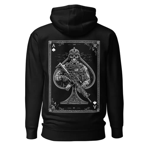 Musta ace of spades huppari yksityiskohtaisella valkoisella luurankosotilaan kuvalla takana