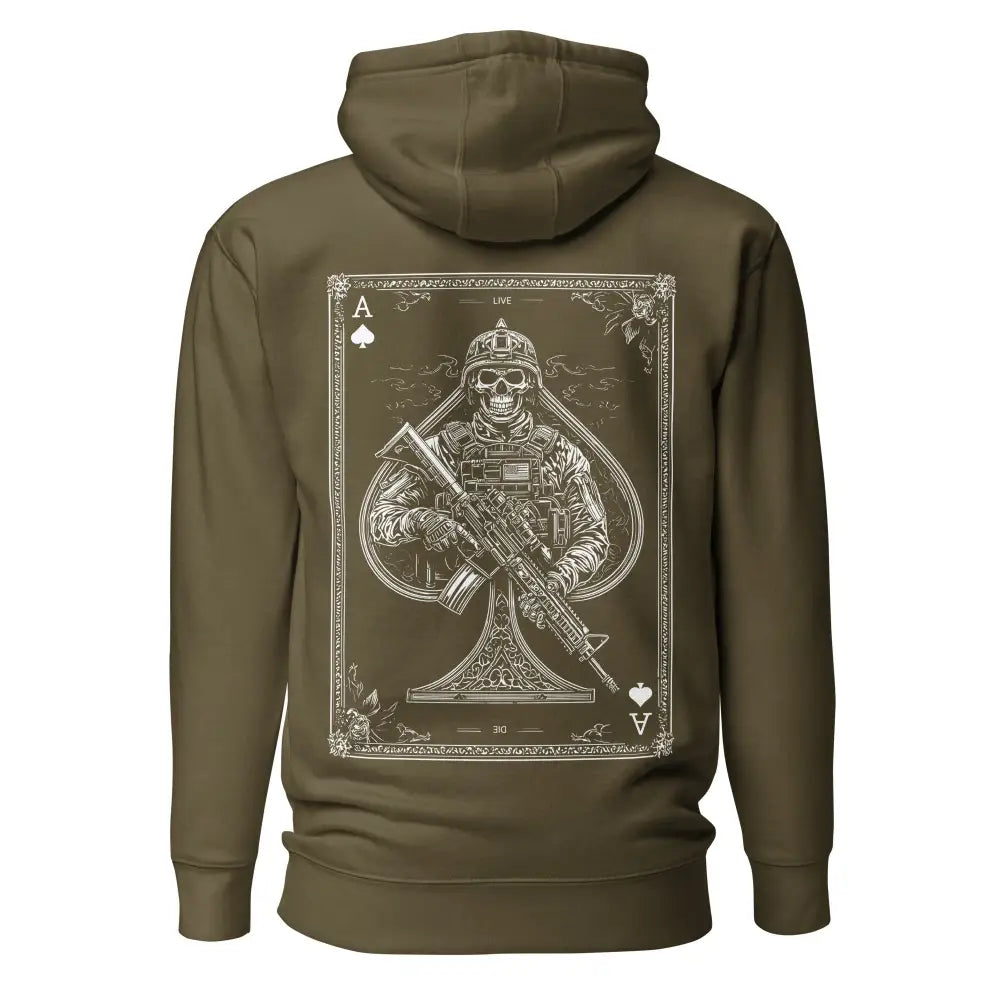 Oliivinvihreä ace of spades huppari yksityiskohtaisella valkoisella luurankosotilasgrafiikalla edessä