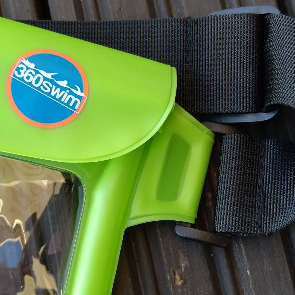 Bright lime green plastic adventure waist pack with blue and orange 360swim logo sticker for swim aid use