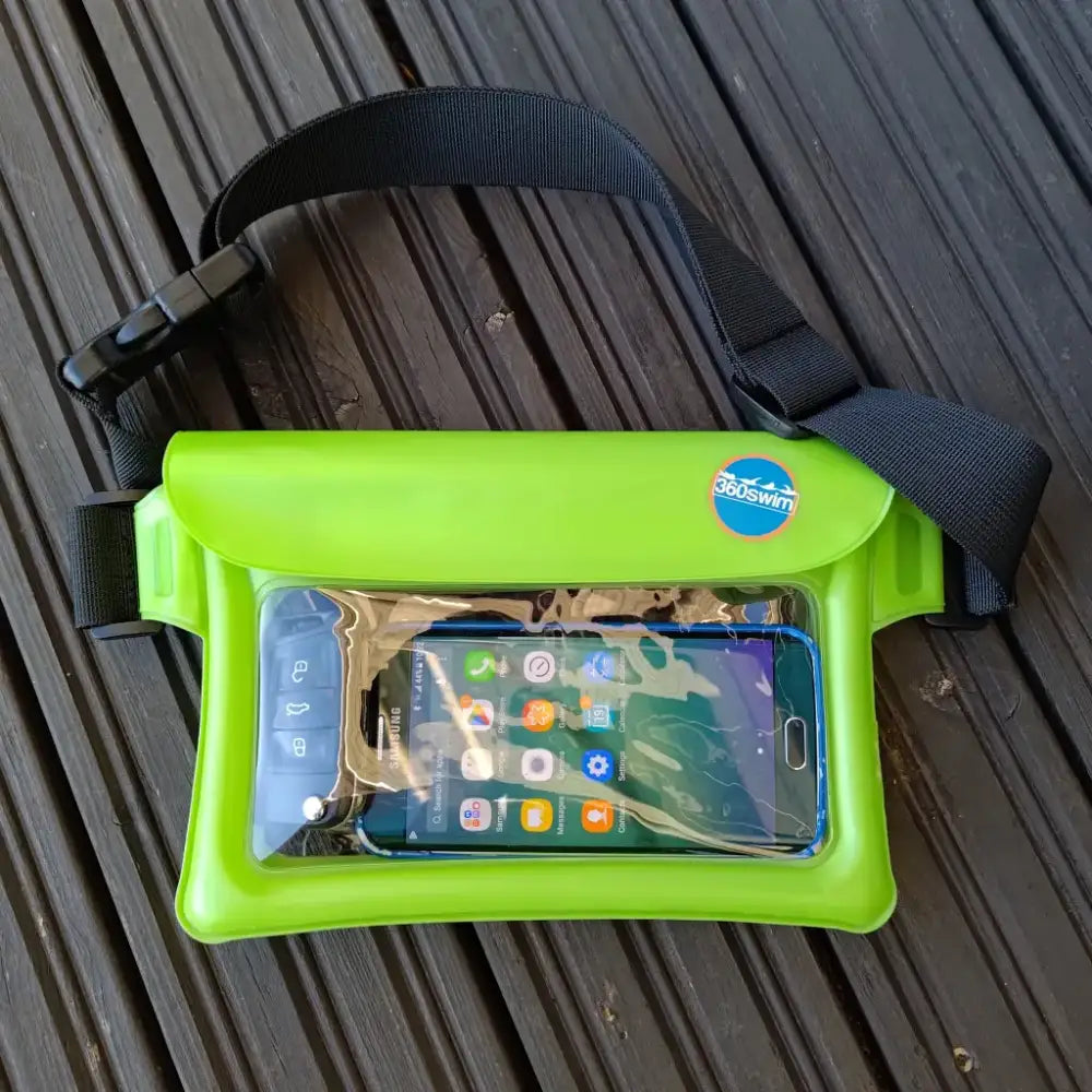 Lime green waterproof phone pouch adventure waist pack with black adjustable strap and clear front panel by 360swim
