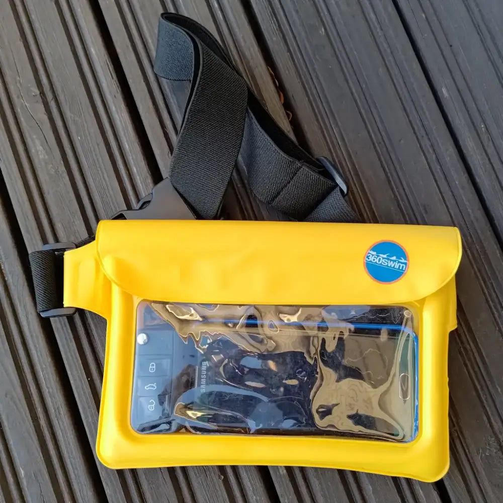 Yellow waterproof adventure waist pack phone pouch with black adjustable strap and clear front panel with 360swim logo