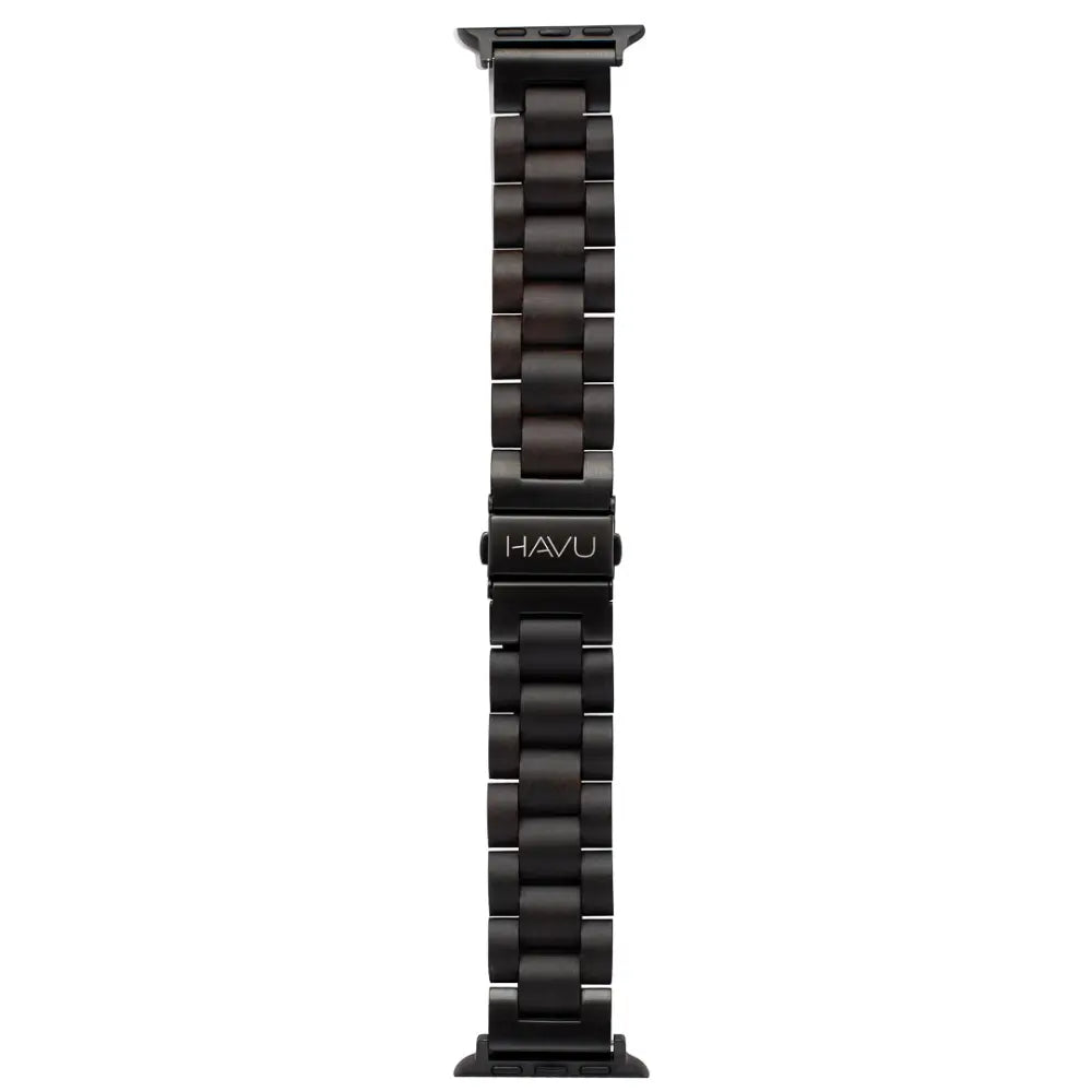 Black stainless steel apple watch-puinen ranneke with sleek interlocking link design and havu engraved clasp