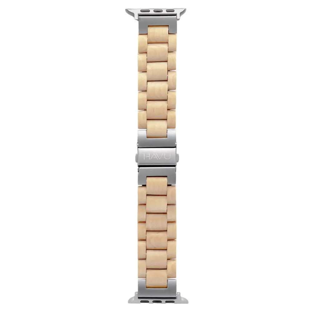 Puinen vaalea beige apple watch ultra ranneke hopeanvärisillä metallisilla liittimillä minimalistisella muotoilulla