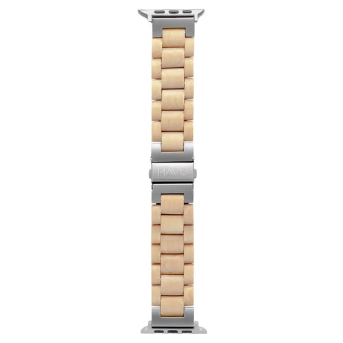 Puinen vaalea beige apple watch ultra ranneke hopeanvärisillä metallisilla liittimillä minimalistisella muotoilulla