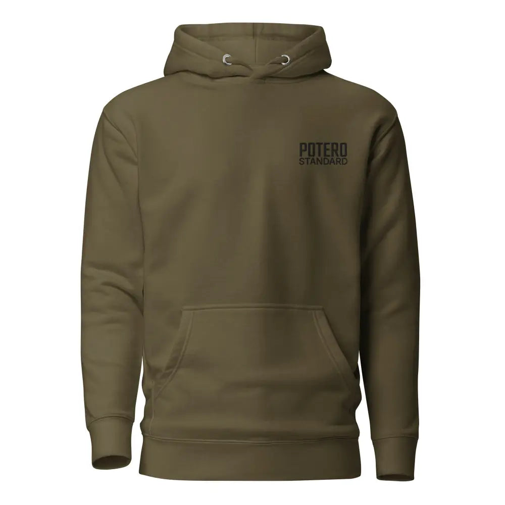 Olive green cotton arctic sparta huppari with front pocket and potero standard logo on the chest