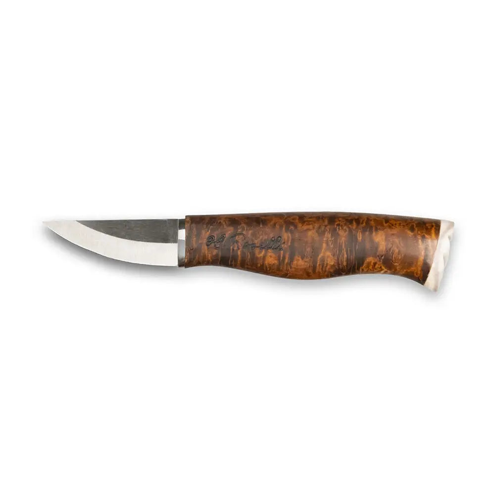A sleek bear claw knife nalle uhc with a curved blade and brown wooden handle featuring natural grain and white accents