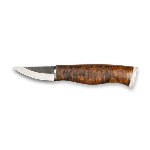 A sleek bear claw knife nalle uhc with a curved blade and brown wooden handle featuring natural grain and white accents