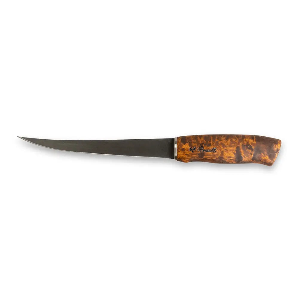 A sleek big fillet knife with a curved dark metallic blade and an intricately patterned brown wooden handle engraved m
