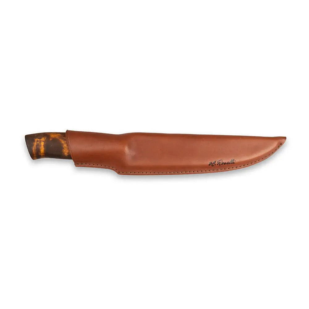 Big fillet knife with a brown leather sheath and a dark patterned handle with subtle edge stitching