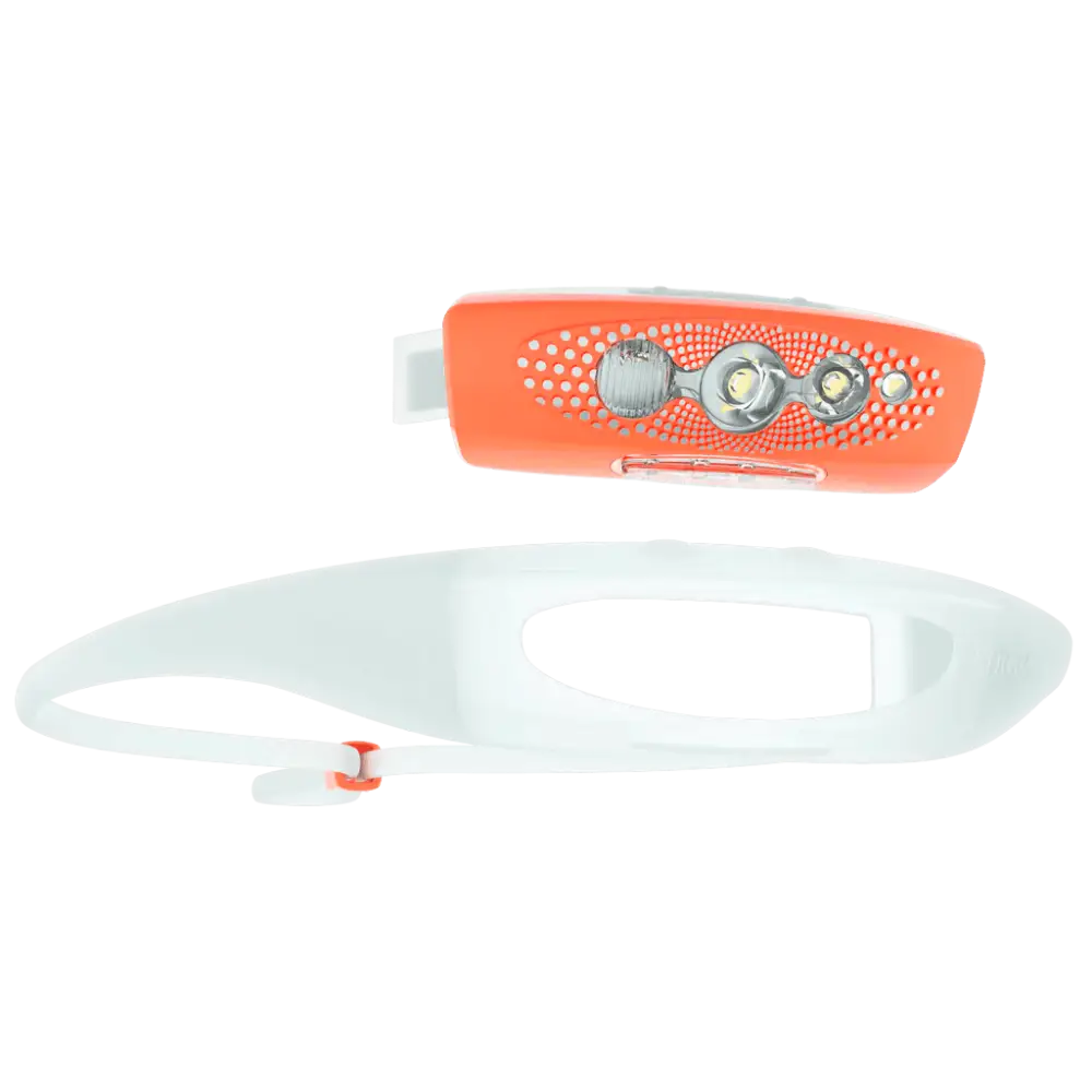 Orange bilby run 400 headlamp with three silver led lights, perforated design, and white adjustable strap