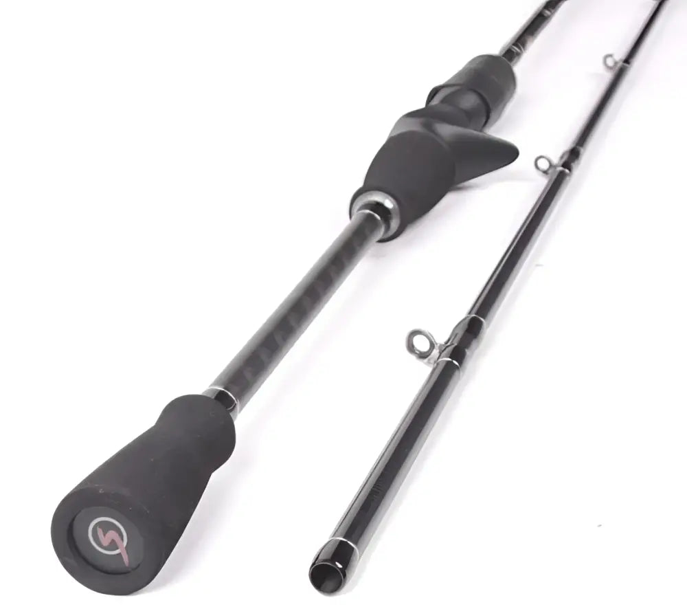 Black carbon fiber casting fishing rod blacksox bsx 602m from wildpoint outdoors with black rubber grip and silver accents