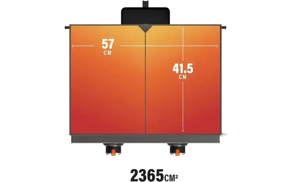 Orange liukuvärinen panelilämmitin mustalla yläosalla ja jalustalla mitat 57 cm leveä 41,5 cm korkea blackstone 22 parilagrilli kannella