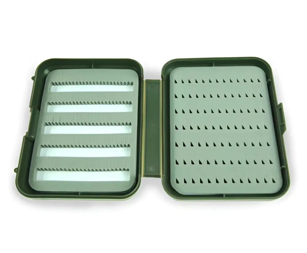 Olive green plastic fly tying box blind mormushka 120x90x30mm with light gray interior and organized compartments