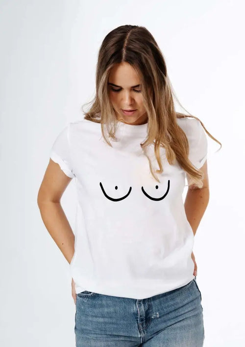 Valkoinen t-paita mustalla minimalistisella rintakuvalla nimeltä boobs tissit t-paita