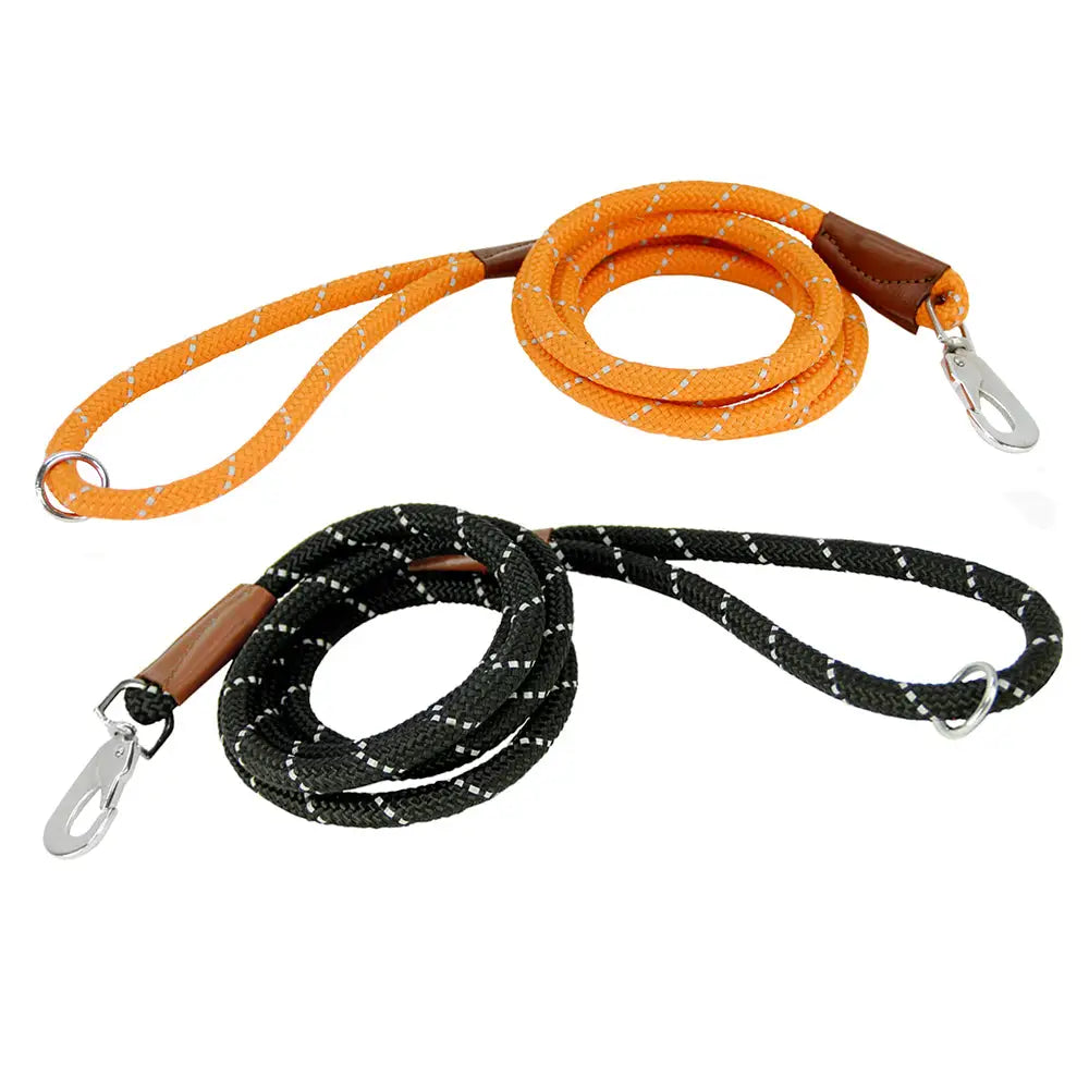 Boogie köysitalutin orange and black braided rope dog leash with brown leather handles and silver metal clasps