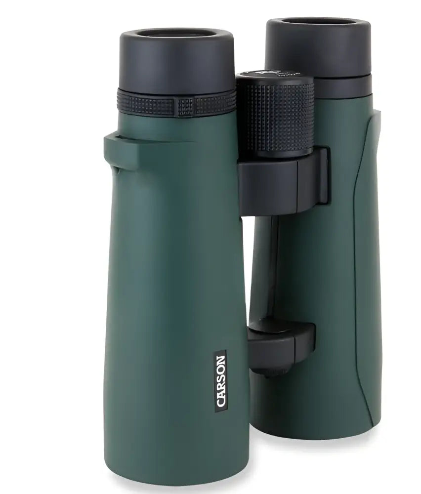 Dark green carson 10x50mm rd series kiikarit with black textured eyecups and focus wheel visible from the back side