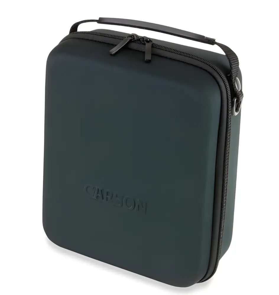 Dark green soft-shell carrying case with black zipper and handle for carson 10x50mm rd series kiikarit