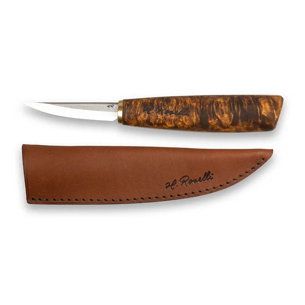 A carving knife with a short stainless steel blade and wooden handle for precise cutting tasks
