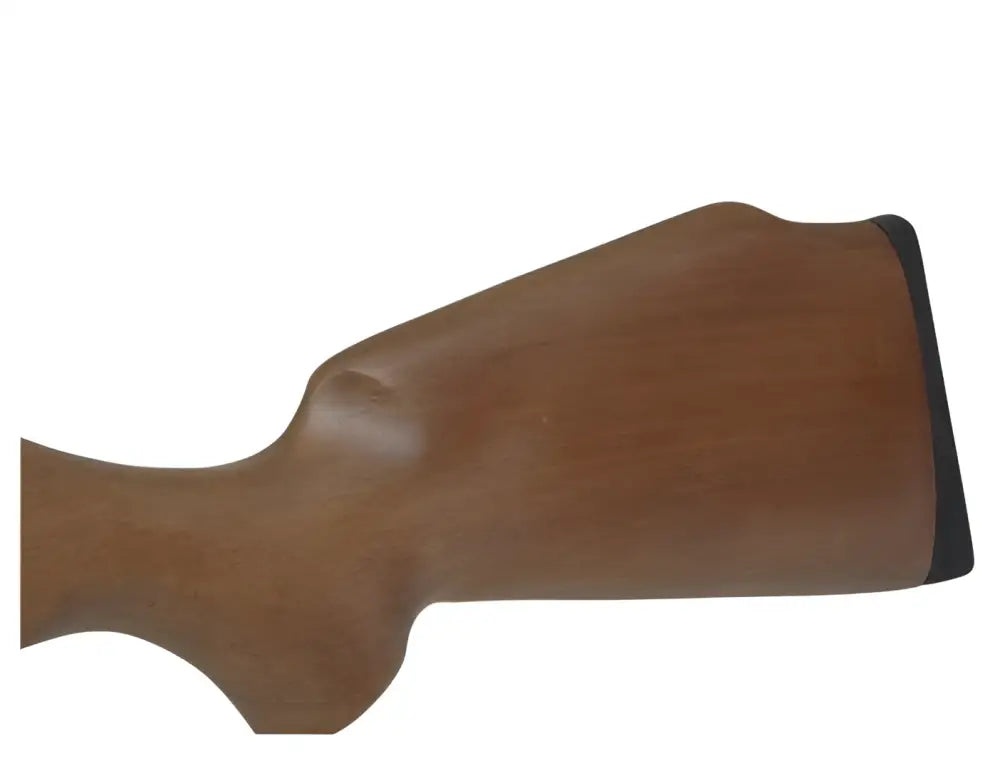Ruskea puinen crosman vantage 4.5mm ilmakiväärin tukki mustalla kumipinnoitteella takaa kuvattuna