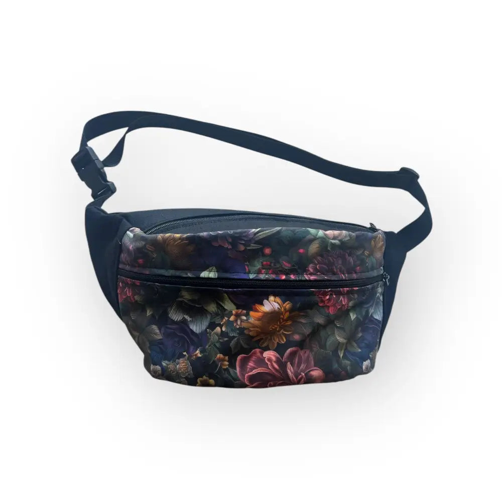 Crossbody kassi kukka - tummansininen kukkakuosinen vyölaukku kirkkailla pinkeillä, oransseilla ja burgundin kukilla