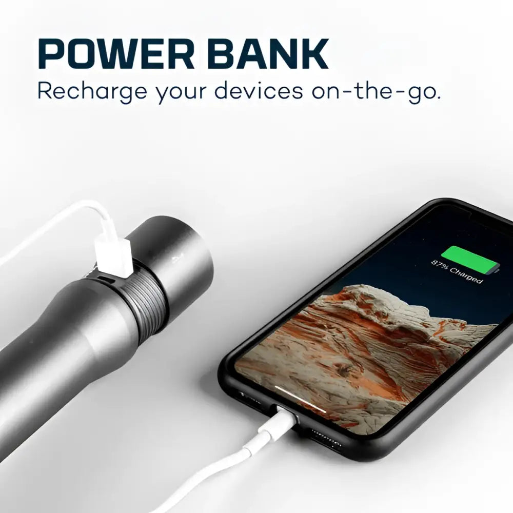 Black cylindrical DAVINCI 5000 power bank with textured grip and USB port charging a smartphone