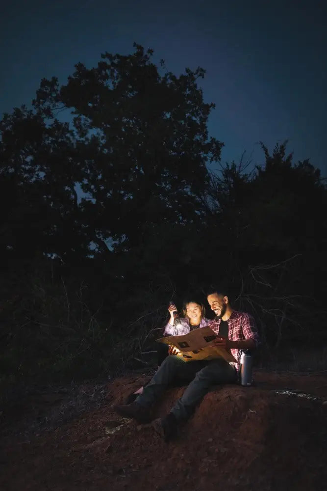 A couple sitting at night with warm light reading an open map near the davinci 8000 product