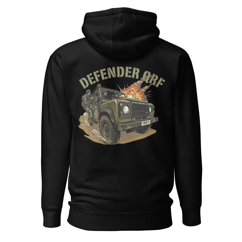 Musta defender qrf huppari yksityiskohtaisella oliivinvihreällä land rover defender -kuvalla ja sotilailla