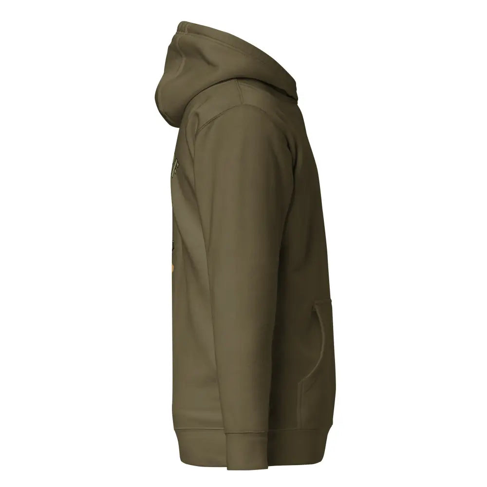 Olive green defender qrf huppari with hood, subtle logo on left chest, and front kangaroo pocket made of comfortable material