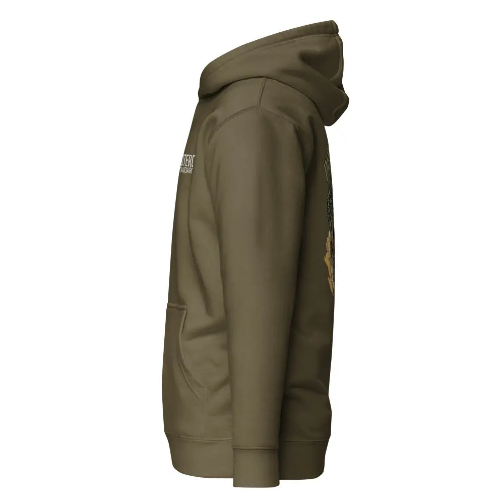 Olive green defender qrf huppari with subtle white logo on left chest and gold-toned graphic patch on right sleeve