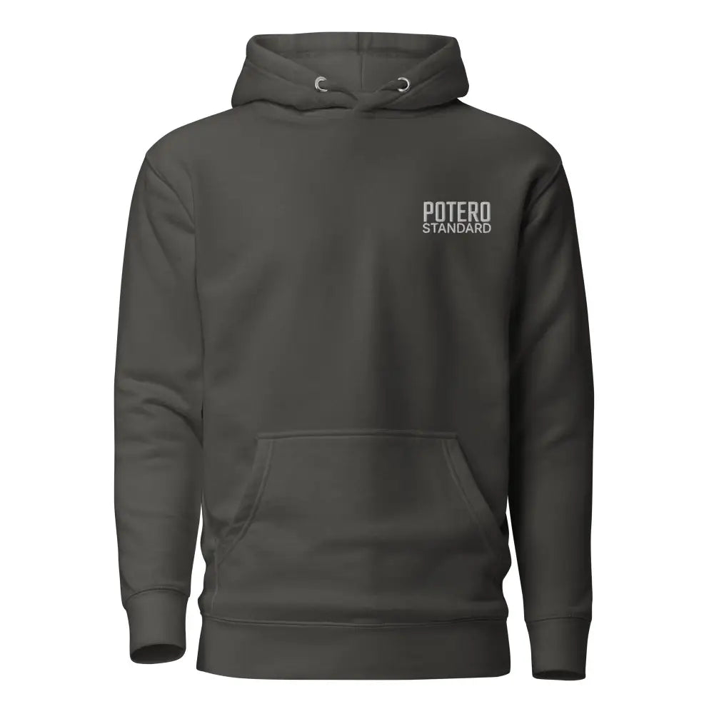 Dark gray defender qrf huppari with white potero standard text on left chest and silver metal eyelets at neckline