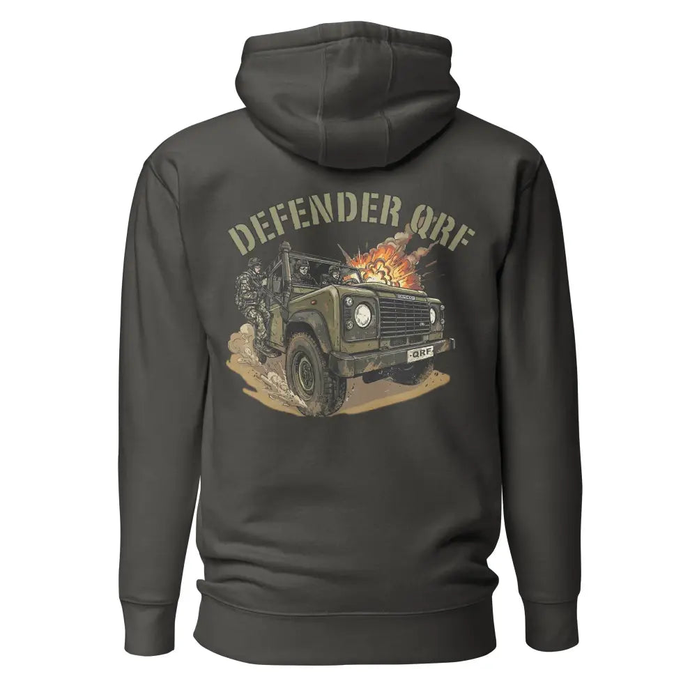 Tumma harmaa defender qrf huppari, jossa yksityiskohtainen oliivinvihreä land rover defender qrf -grafiikka sotilaiden ja liekkien kanssa