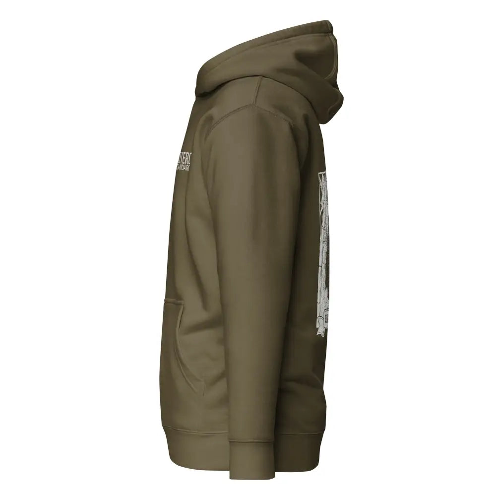 Olive green divine fuel holy mission huppari with white graphic print on sleeve and chest in hooded sweatshirt style