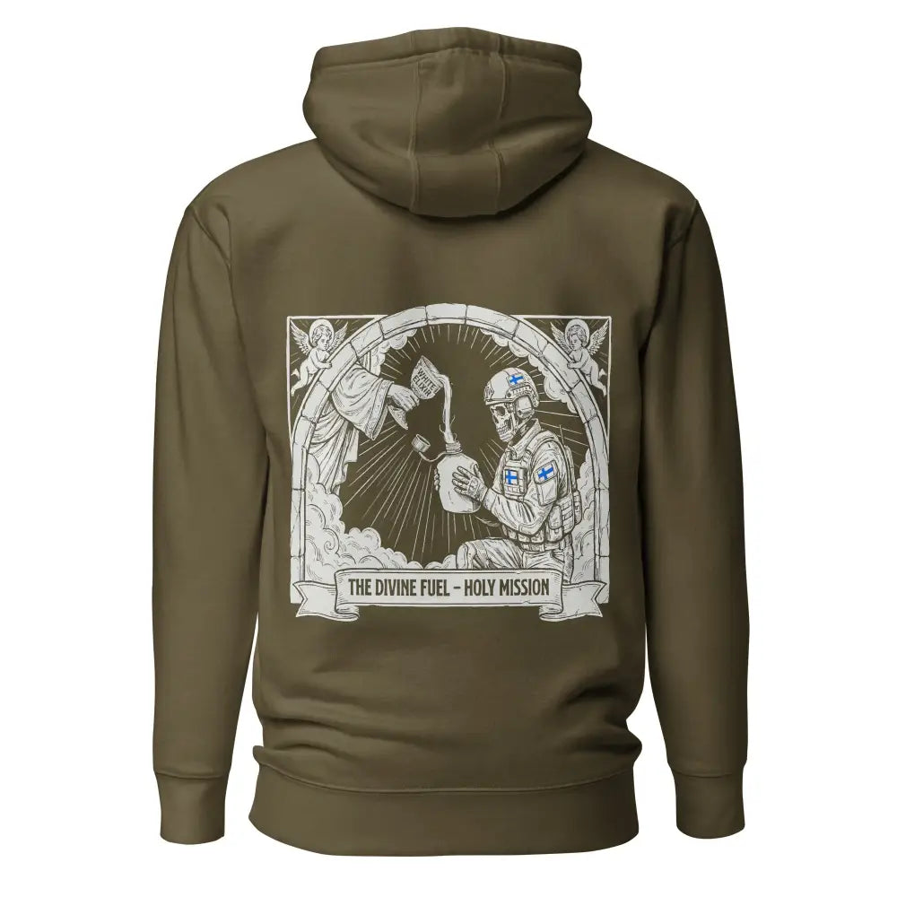 Olive green hooded sweatshirt with detailed white line-art soldier and finnish flag graphic titled divine fuel holy mission huppari