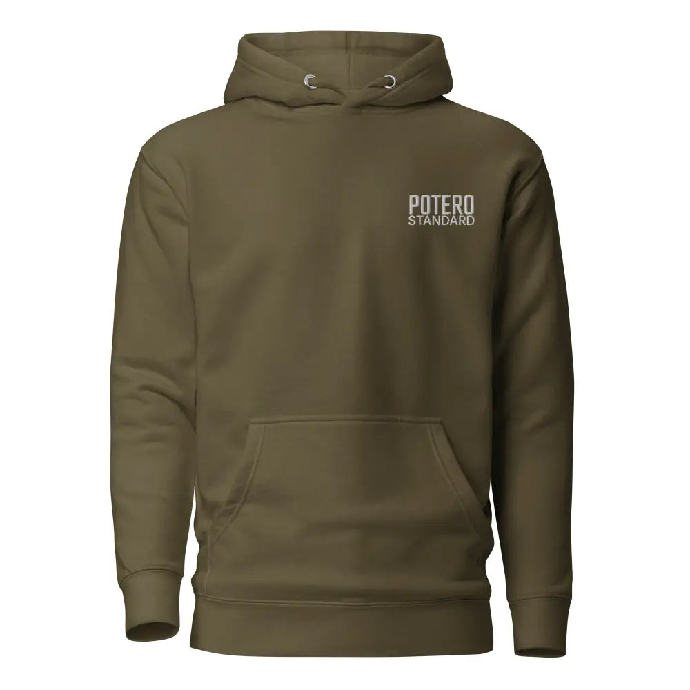 Olive green cotton divine fuel holy mission huppari with white embroidered potero standard logo on the chest
