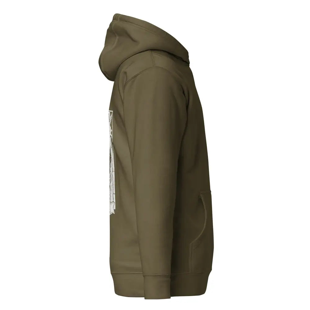 Olive green huppari divine fuel holy mission valkoisella grafiikalla vasemmalla puolella
