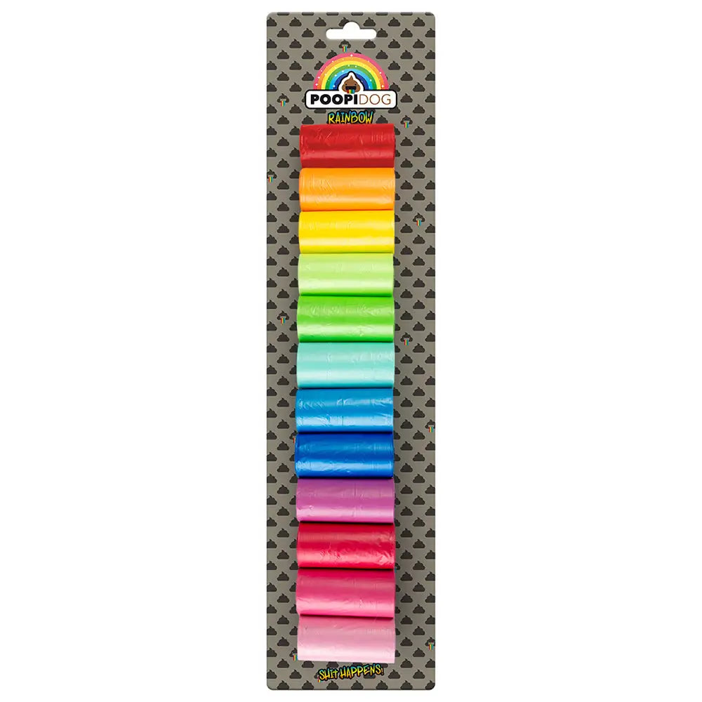 Duvo+ rainbow kestävät kakkapussit 12 rll värikkäät muoviset koiran jätöspussit poopidog pakkauksessa