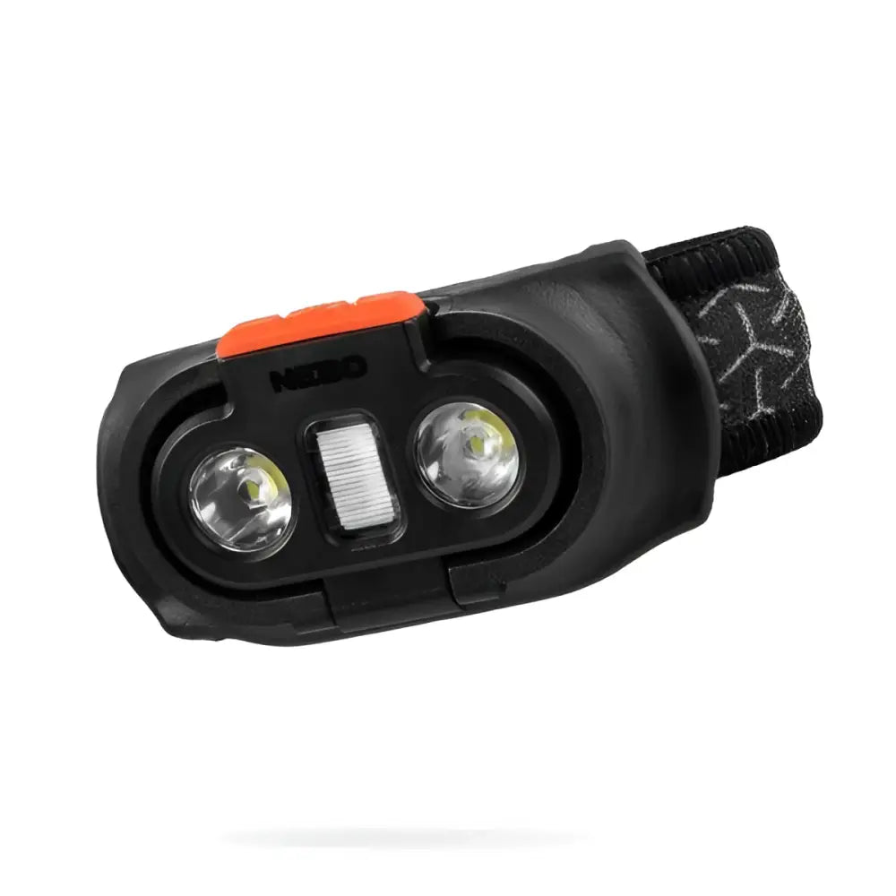 Black headlamp einstein 1000 flex with two bright led lights orange power button and textured black strap for secure fit