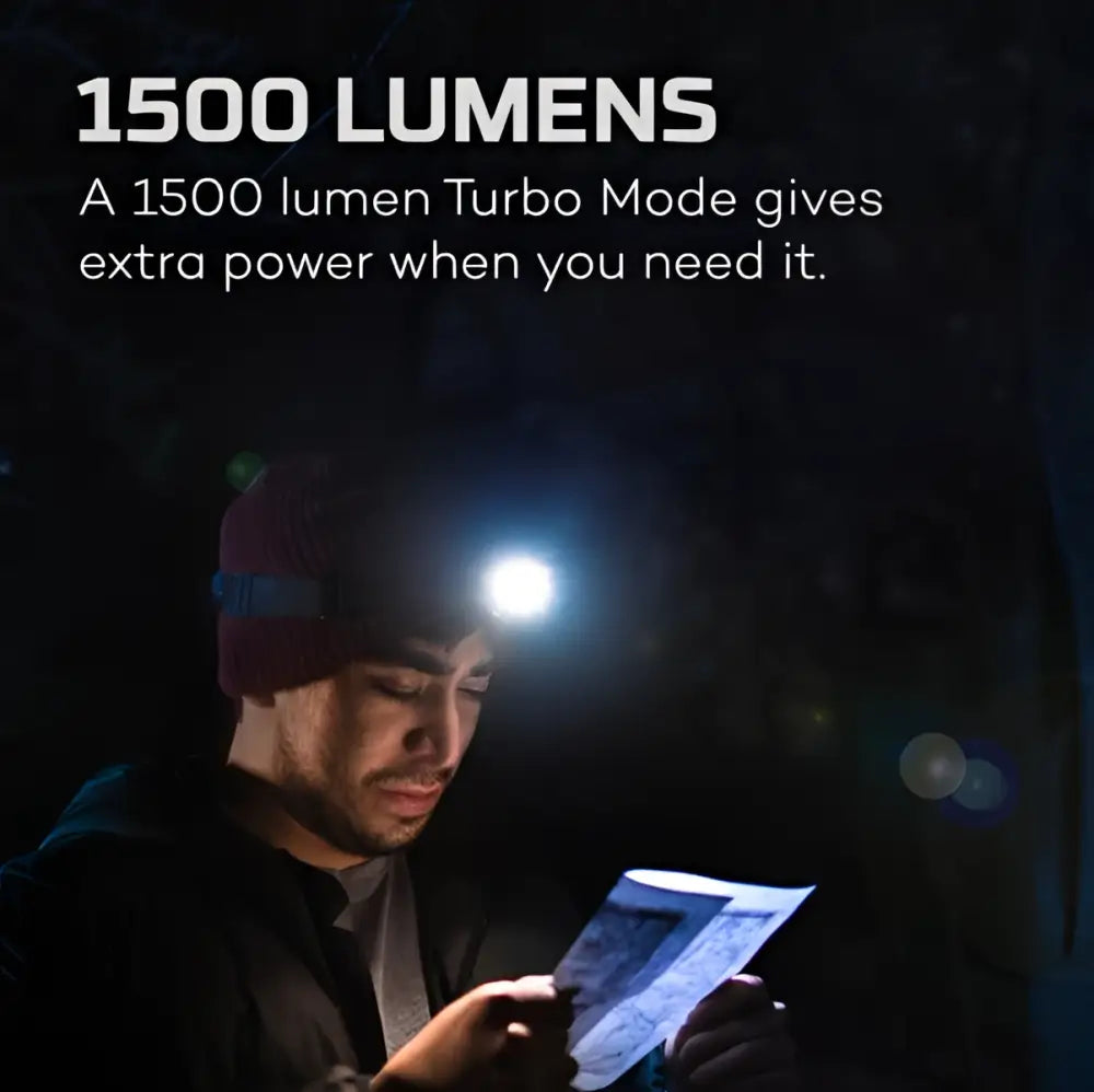 Einstein 1500 flex kirkas valkoinen led-otsalamppu tummanpunaisessa pipossa sinisellä nauhalla lukemiseen pimeässä