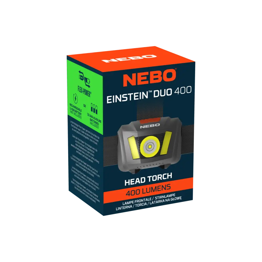 Nebo einstein duo 400 otsavalaisin musta-keltainen joustavalla hihnalla tehokkaaseen valaistukseen