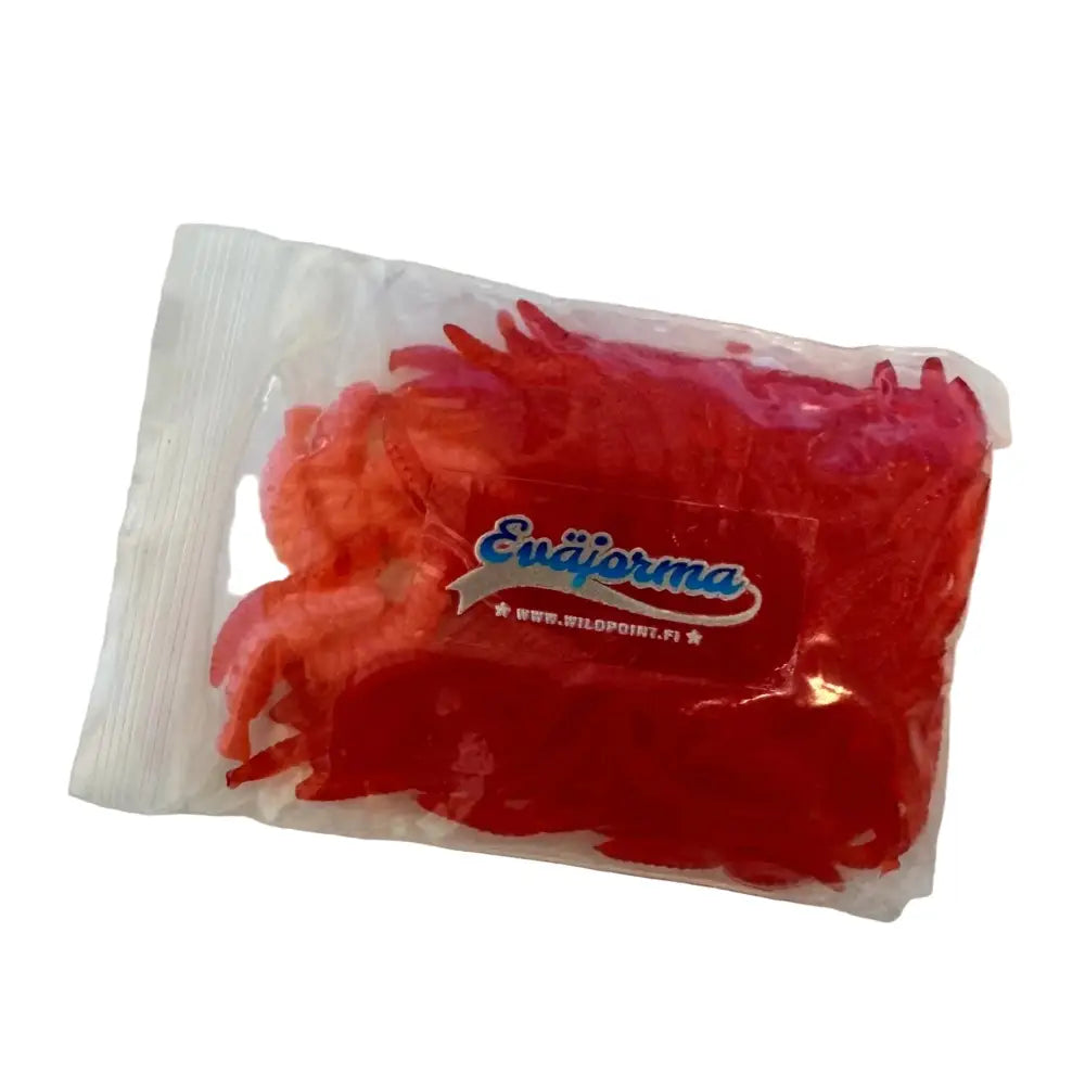 A clear plastic bag of eräjorma® keinomadot artificial fishing lures in red and pink for fishing and ice fishing