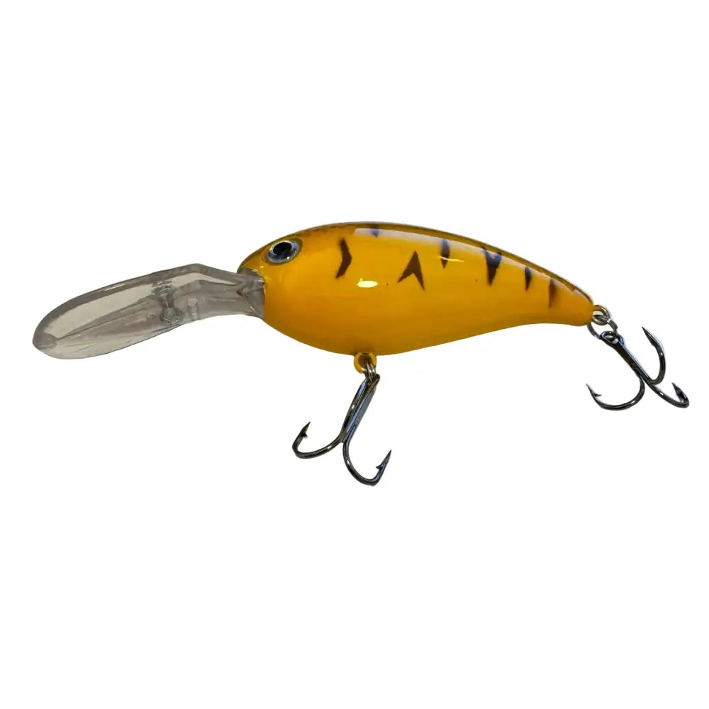 Eräjorma sunny syvännevaappu 7 cm 14 g keltainen tiikeriraitainen crankbait kirkkaalla muovisuulla ja mustilla koukuilla kuhalle ja ahvenelle
